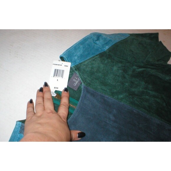 New Womens NWT PJK Leather Suede $398 Top Blouse L Blue Green Gray Color Block - Picture 5 of 5